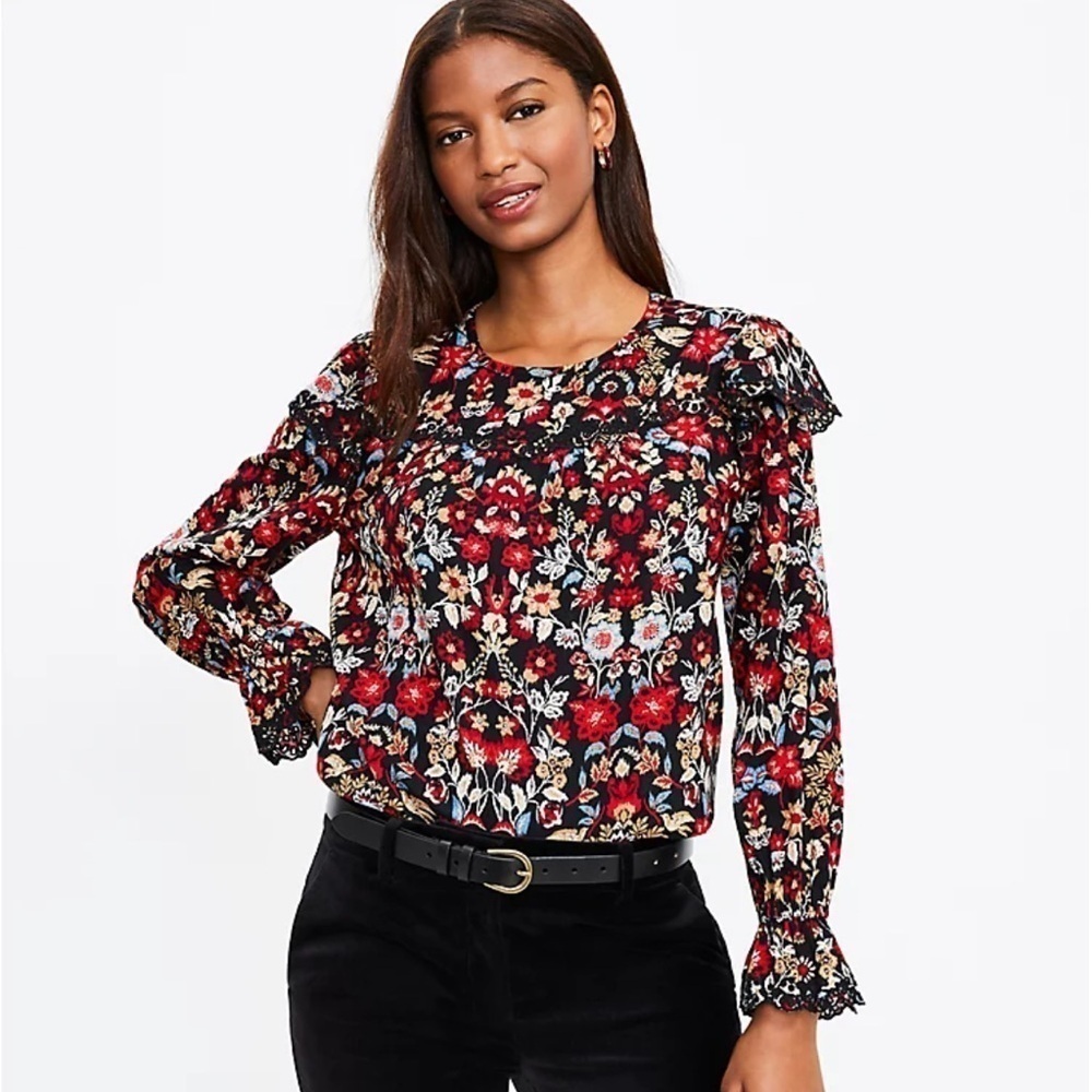 LOFT eyelet Floral Ruffle Yoke Blouse Women’s Small Black/Red Long Sleeve Top